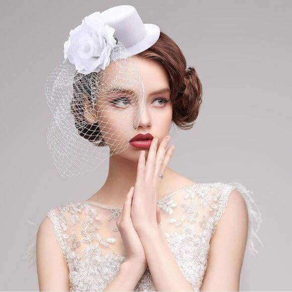 Fascinators - White Derby Hat Elegant Tea Party with Veil Floral - Picture 6 of 10